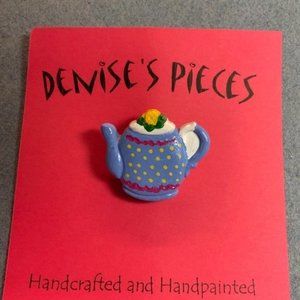 Tea Pot Pin Brooch Blue Yellow Flower Dots Black Plaster Handmade Hand Painted